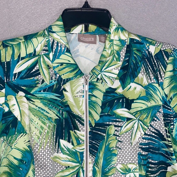 Chicos Jacket Womens 2 Green Blue Floral 3/4 Sleeve Full Zip Up Collared Casual - Picture 3 of 15